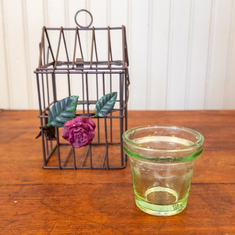 Wire Greenhouse Votive Lantern, Metal Rose and Leaves, Green Glass Candle Cup